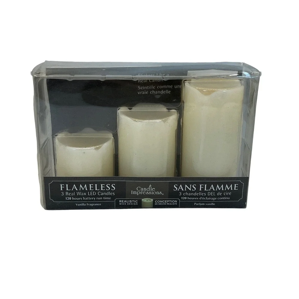 NIB Candle Impressions‎ Flameless LED Candles Cream Vanilla Real Wax 3pk Battery